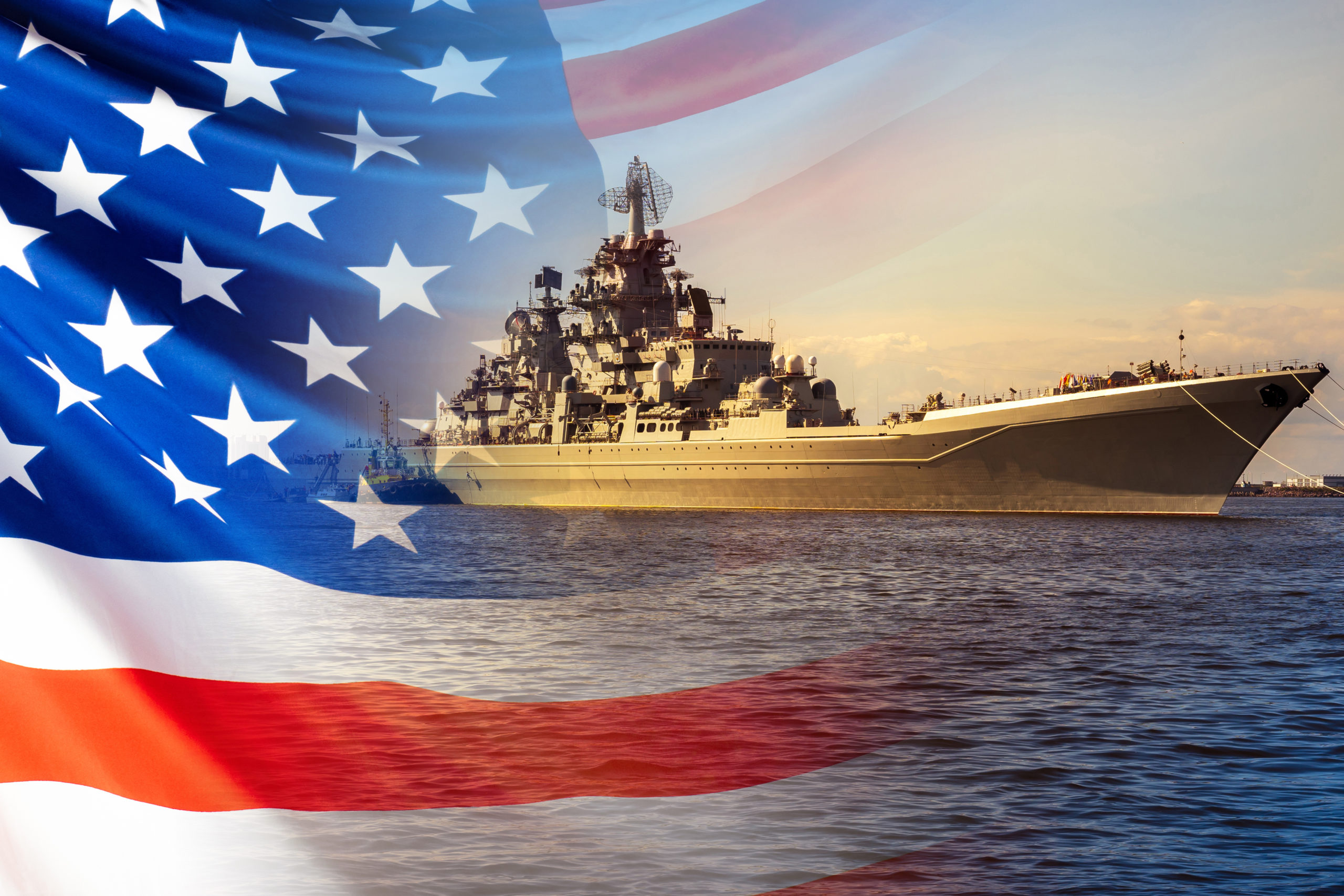 The Navy of the United States of America. Warship on the background of the American flag. Protection of the state’s Maritime borders. Participation in armed conflicts on the water.