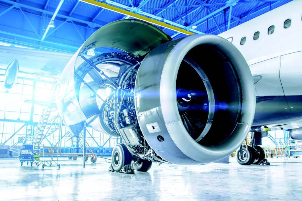 Turbine engine on wing of plane
