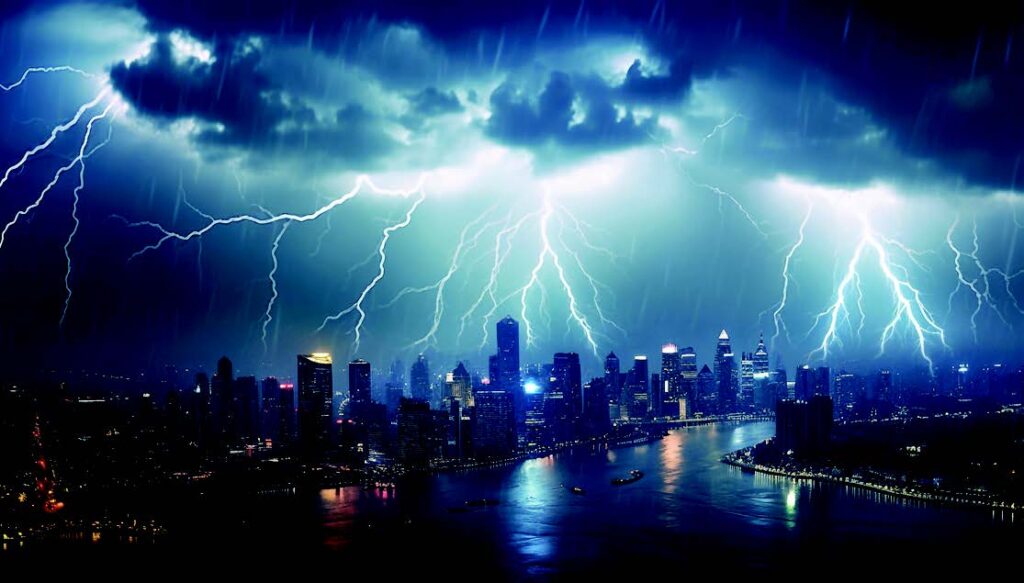 Lightning coming from clouds above a city