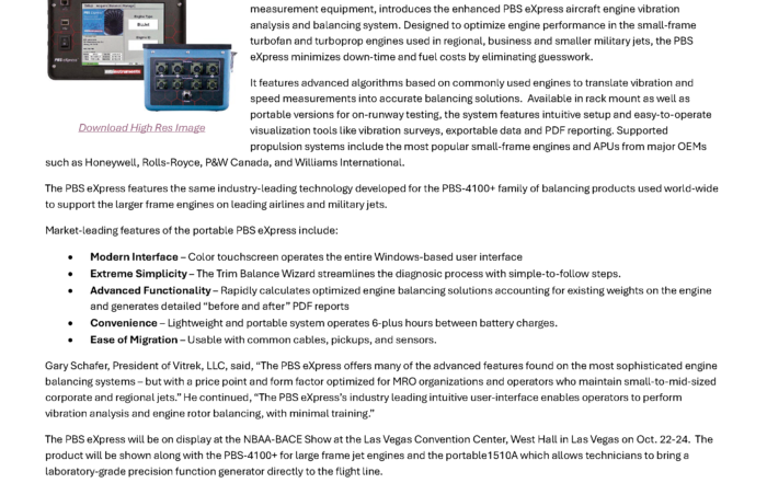 Vitrek, LLC Expands Industry-Leading MTI PBS line to include the PBS eXpress™, a Portable Engine Balancing System for Business and Regional Jets