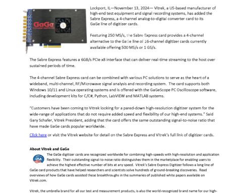 Press Release: Vitrek Adds New 16-Bit Resolution, 4 Channel A/D Card To GaGe Product Line
