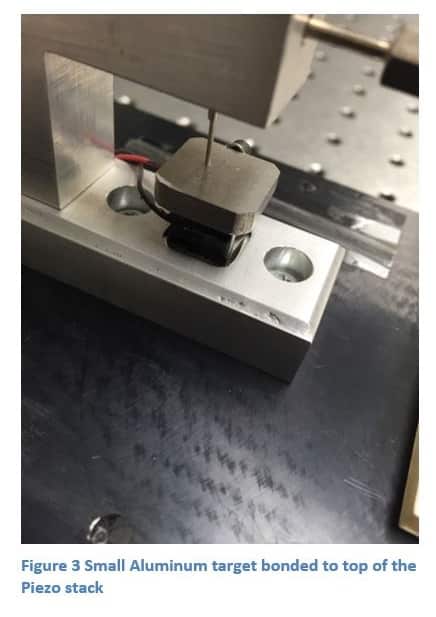 Figure 3 showing the piezo electric stack placed in a fixture to anchor the base of the piezo stack and, with a mounting arm, to hold the Fotonic probe over the top of the Piezo stack.